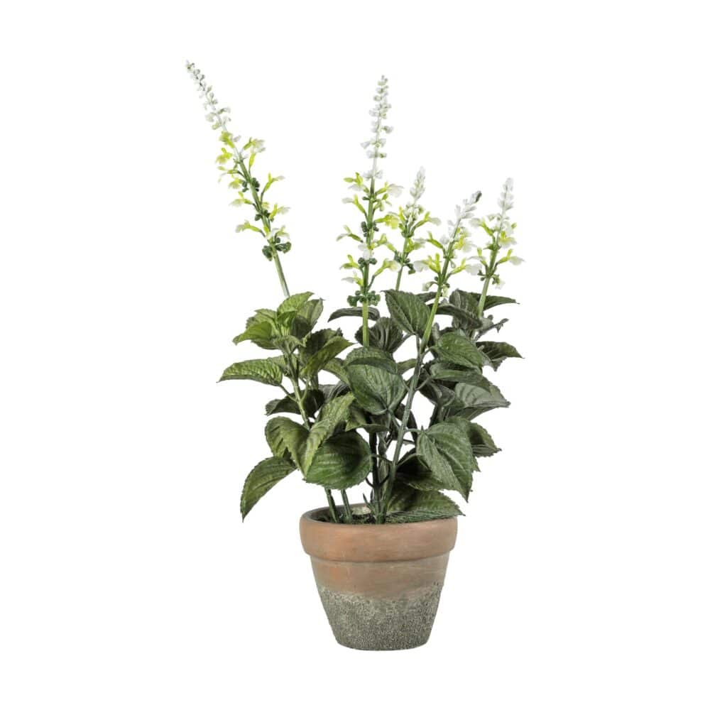 Image of a beautifully crafted faux potted Salvia White plant, featuring lifelike leaves and delicate white blooms.