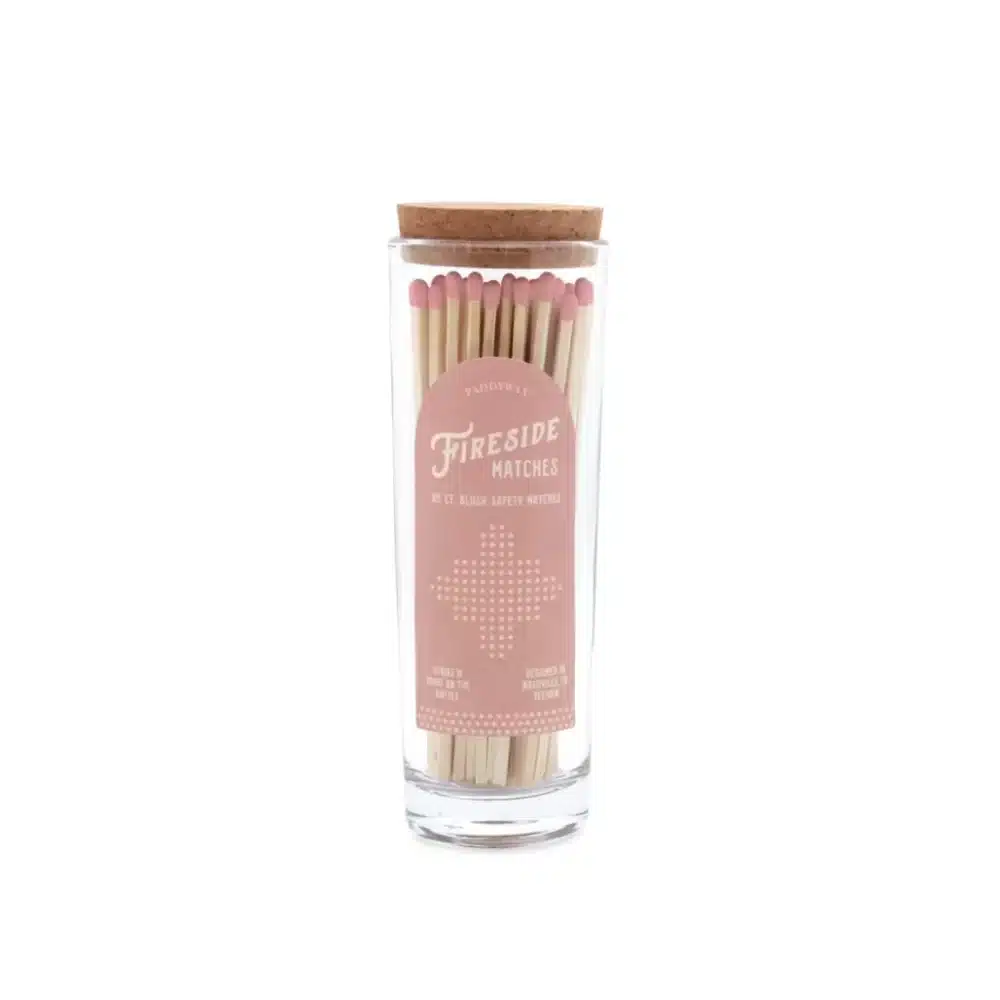 pink long matches for fireplace in glass jar