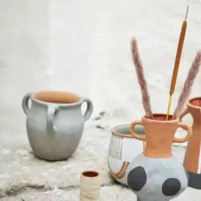 terracotta plant pot with three handles and grey wash