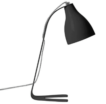 A sleek black metal table lamp with a black and white fabric cable, standing at 40cm tall and 20cm in diameter.
